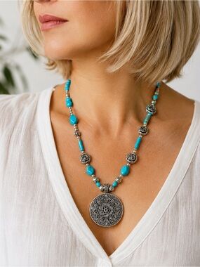 Turquoise Mixed Bead Necklace with Pendant NWT